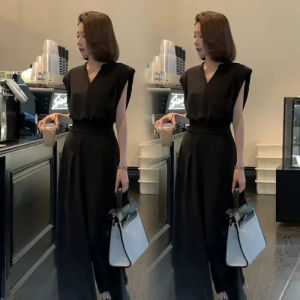 V-neck top trousers and wide-leg pants two-piece set