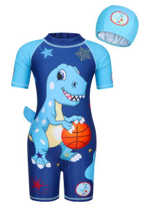 SET ĐỒ BƠI CHO BÉ TRAI KHỦNG LONG MÀU NAVY KÈM NÓN BƠI