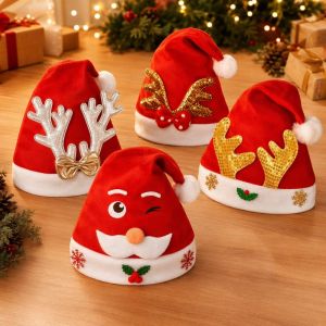Wonderful Days Christmas Hat Non Woven Santa Antler Red Party Cap Soft Plush Brim Kids Adults Holiday Cosplay