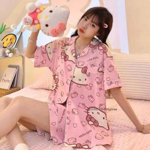 2Pcs Sanrios Anime Hello Kitty Summer Pajama Set Kawaii for Women Short Sleeve T-Shirt Shorts Loungewear Thin Section Homewear