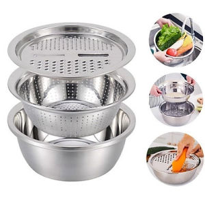 Bộ rổ và chậu inox kèm mâm nạo và gọt vỏ rau củ quả 3 trong 1 đa năng tiện dụng tiết kiệm