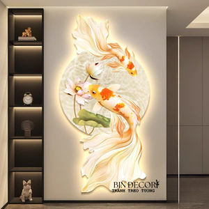 (ẢNH CHỤP) Tranh treo tường đèn led cá và hoa sen 10 trang trí decor khổ đứng uv kèm đinh