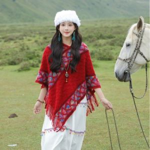 MAYIT Mùa đông ấm áp Áo choàng len đan Thanh lịch Phong cách dân tộc Áo choàng Mông Cổ Thời trang Áo choàng đan len Dành cho phụ nữ