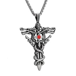 Mens Punk Fashion Necklace Double Dragon Pendant in Stainless Steel with Crosses Pendant and Evils Eye Designs