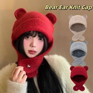 HENLI Winter Autumn Bear Ear Knitted Cap Cute Y2k Warm Beanie Hats Korean Sweet Ear Protection Cap Streetwear