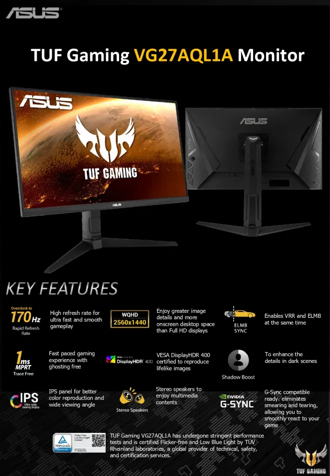 ASUS TUF Gaming VG27AQL1A Gaming Monitor –27 inch WQHD (2560x1440