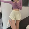 YY11 กางเกงขาสั้น บบผูกเชือก สวมใส่สบาย ลําลองสําหรับสตรี เอวสูงขากว้างทรงหลวมขนาดพลัสเหมาะกับการเล่นฟิตเนส. 