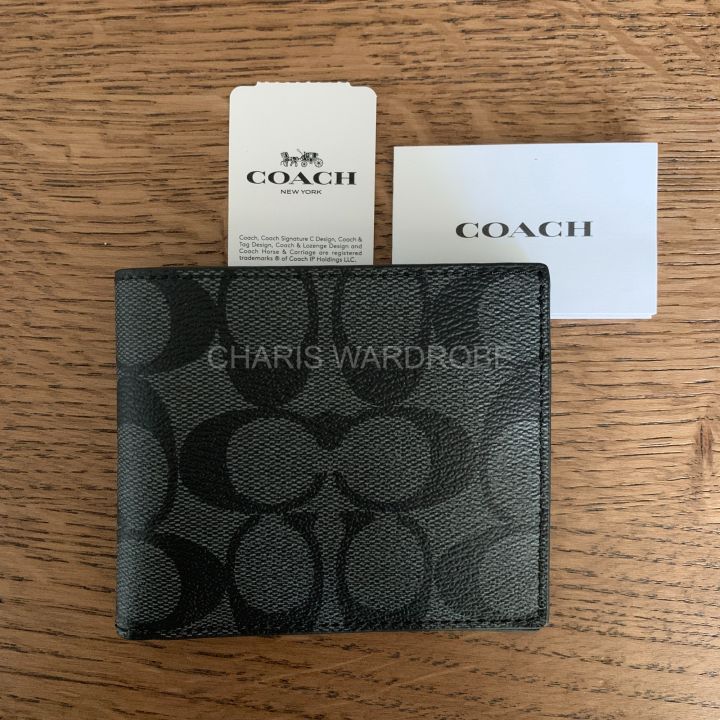Authentic Coach F66551 ID Billfold Wallet In Signature Canvas (Charcoal