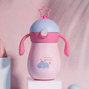 Sunveno 260ml Cartoon Baby Thermos Cup children cup Soft Spout Straw Sippy Cup Gravity Ball Water Cup Water Bottle