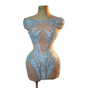 Women Sparkly Rhinestone Prom Gown Evening Dress Luxury Wrap Hip Mini Dress Cocktail Dresses Glitter Crystals Short Dress Women Off-shoulder See Through Celebrate Birthday Party Evening Dress Photo Shoot Stage Wear