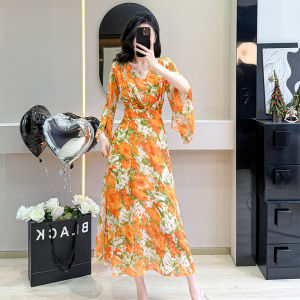 Impression Fashion Store Women Elegant Chiffon Floral Pleated V-neck Half Split Sleeve Tunic A-line Beach Street Dress