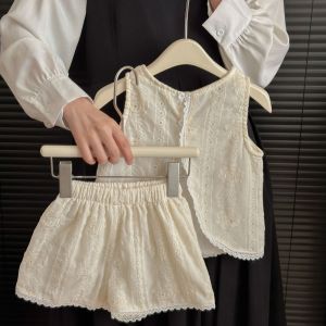 Bear Leader Solid Color Embroidery Girls Sets Sleeveless Flower Lace Tops + Two Piece Pants Suit Round Neck T-shirt Kids Clothes