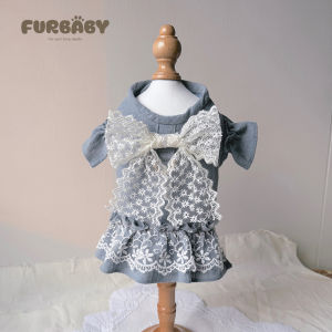 Baju Anjing Kucing Harness Denim Dengan Free Tali Tuntun Motif Pita Renda