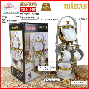 MIDAS 15pcs Tea set with metal stand / cangkir gelas teh kopi + tatakan + teko ceramic TSY15-GP154