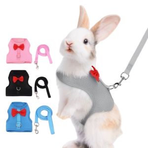 CRUSHES Breathable Bunny Harness Leash Polyester Adjustable Size Pet Walking Leash  Escape-Proof Bowtie Training Rope Small Pets Use