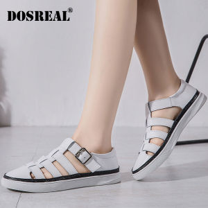 DOSREAL Flat Sandals For Women Genuine Leather Casual Beach Shoes Fashion Korean White Shoes Women Sandals Big Size 42 Hot Sale Flats Heel Women Shoes