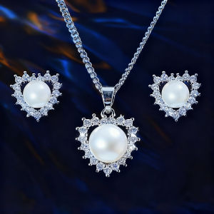 SEQUITO Charming Women Engagement Silvery Jewelry Set Micro Pave Shiny AAA Cubic Zircon with Artificial Pearl Stud Earrings Pendant Necklace SJ457