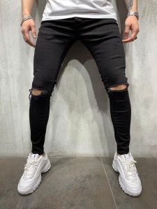 Bahan Black Denim Celana Jeans Panjang Bergaya Ripped