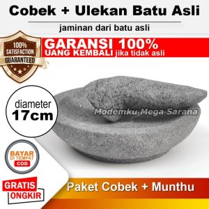 Cobek Batu Asli Original + Ulekan Munthu Muntu Muntilan Merapi - 17 cm