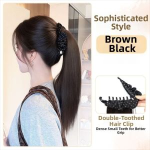 SCXXCXVVBB Synthetic Banana Claw Clip Ponytail Wig with Grab Clip Elegant Long Straight Layered Ponytail Hair Accessories Natural Polka Dot Pony Tail Hair Piece For Women