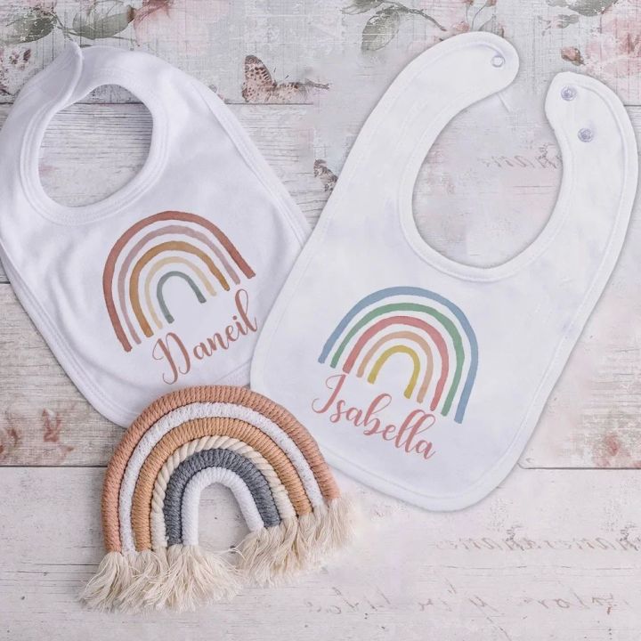 Personalised Baby Bib Custom rainbow with Name Girls boys Cotton Bibs ...