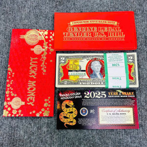 Tờ Tiền 2 Đô - 2USD Mạ Vàng  In Màu 3D Hình Con Rắn Đầy Đủ Phụ Kiện Lì Xì Tết - Tặng Kèm Bao Lì Xì Đỏ May Mắn