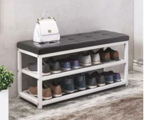 90cm Metal Shoe 2 tier RackEntryway Shoe Bench with Cushioned SeatStable Storage Organizer Metal Frame Pu Leather Benc