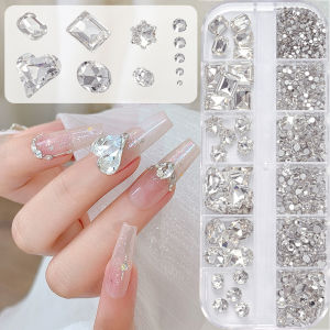 ZEEMIN  12 Grids Transparent Heart Square Gems Nail Charms 3D Mixed Size Rhinestones Nail Jewelry Parts DIY Ornament Manicure Accessorie