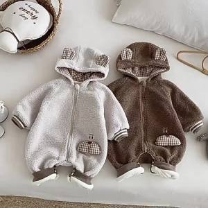 Baby Super Cute Furry Romper Little Left Little Right Winter Baby Particle Fleece Jumpsuit Newborn Hooded Clothes Trendy