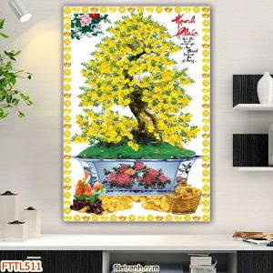 Tranh Laminate Tráng Gương - Tranh Treo Tường Chậu Bonsai Hoa Mai Vàng Thư Pháp