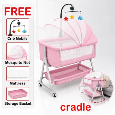 3-in-1 Baby Crib Rocker with Mosquito Net Mattress & Storage Convertible Bassinet Bed Safety Certified