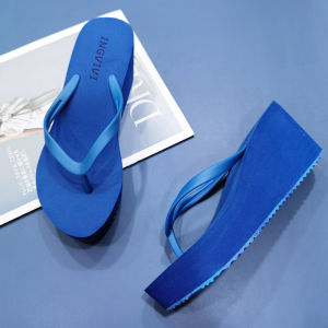 [Free Shipping] New Women’S High-Heeled Flip-Flops Summer Wedge Sandals Solid-Color Beach Sandals 7.5Cm Heel Korean-Style Mid-Heel Flip-Flops