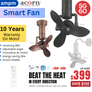 ACORN 16 inch Corner Fan DC Fan Wall Fan 360 Revolving 6 Speed with Remote Control For HDB Condo Balcony Kitchen Laundry Maid Room Silent ceiling fan living room dinning room bedroom strong wind False Ceiling ampm