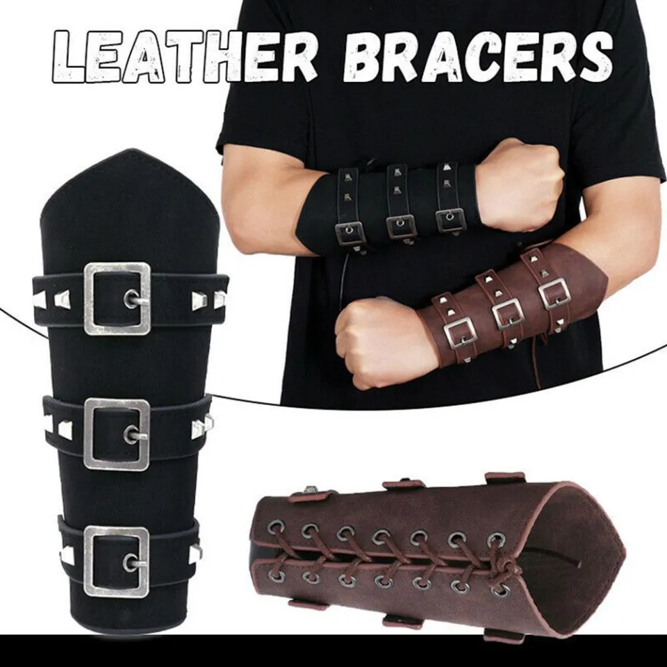 1Pc Men Medieval Cosplay Leather Armor Arm Warmers Lace-Up Viking