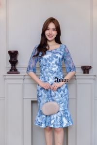 ชุดเดรสไปงาน งานแต่งงาน งานราตรี รุ่น PA807 ผ้าลูกไม้กริ๊ตเตอร์กากเพชรระบายตรงชายกระโปรง มี 3 สี มีไซส์สาวอวบ M-4XL