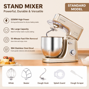 SUNATUR 10L Stand Mixer 2200W Heavy Duty Electric Dough Kneader 304 Stainless Steel Bowl 6 Speed Control All-Metal Gear Whisk Beater Dough Hook Splash Guard Scraper Optional Fermentation Cake Bread Baking Mixer for Home BakeryOne-year warranty