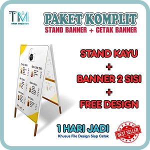 Stand Banner Rangka Kayu 2 Sisi Sistem Lipat Engsel + Cetak Banner/Spanduk 2 Sisi Free Design