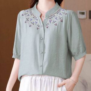 LUCKIN STORE Womens Short Sleeve Button Shirt Blouses for women Cotton Linen T-shirt Top Embroidered Loose Plus Large2026
