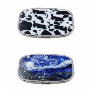 LETOY Rectangular Metal Pill Box Double-Grid Container Cosmetic Tool Two Plaid Waterproof Tinkering Mirror Women