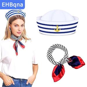 [COD] EHBqna SPORTS ชุดหมวกกะลาสีผ้าพันคอสี่เหลี่ยมผืนเล็กสำหรับผู้หญิงผ้าพันคอซาตินลายทางสำหรับพนักงานต้อนรับบนเรือ