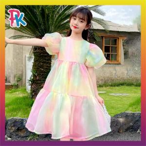 [4-6½±yrs] Gaun Budak Baby Dress Kembang Rainbow Retro Puffy Sleeve Baby Girl Princess Dress Party Dress Wedding Dress