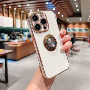 Rivel bóng mạ mềm chống sốc vỏ điện thoại với vòng kim loại chủ chân đế iPhone 16 15 14 13 12 11 Pro Max Mini 16e XR XS x 8 7 cộng với + Se 2020 cạnh thẳng vỏ bọc điện thoại với bọc hoàn toàn carema Vỏ bảo vệ