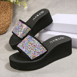 [Free Shipping] WomenS Summer New Style Thick-Soled Outdoor Sandals Rhinestone And Sequin Embellished One-Strap Beach Sandals Platform Leather Sandals