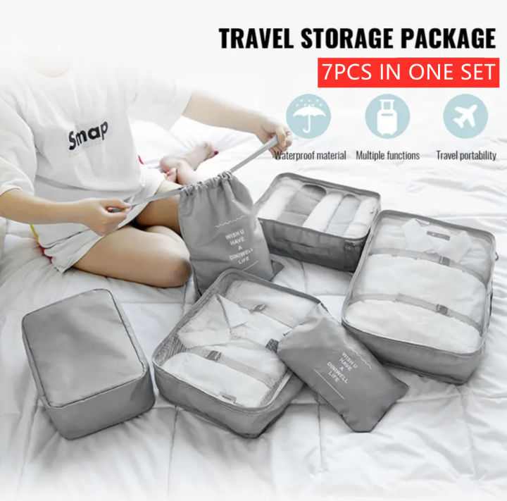 7pcs Travel Luggage Suitcase Organizer storage bag set pouches for clothes  toiletries travel kit shoes underwear drawstring cube large capacity with 