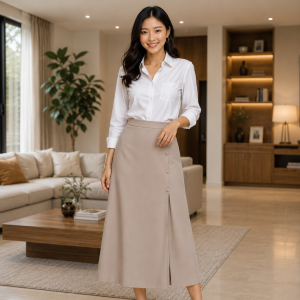 Women Elegant Plain Beige Button Front Slit Design Skirt