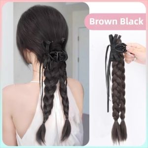 FGJHD Synthetic Bow Twist Braid Ponytail Korean Style Clip On Pony Tail Hair piece Heat Resistant Natural Long Claw Clip Ponytail Wig for Women