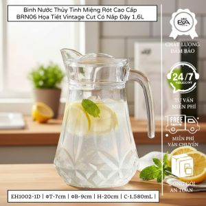 Bình Thuỷ Tinh Đựng Nước 1.6L Quai Cầm Miệng Rót Hoa Văn Crystal Cut Vintage EH1002-1D Glass Jar 1580ML