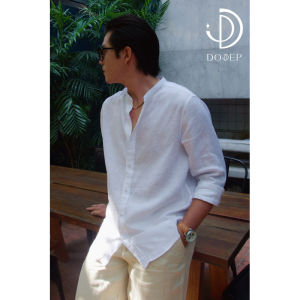 DODEP Áo sơmi nam 100% linen premium tay dài cổ trụ màu trắng
