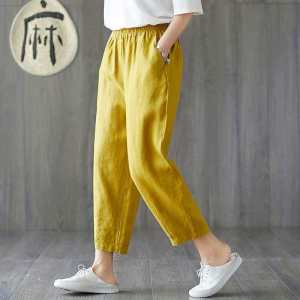Fashion women summer solid color cotton and linen loose linen trousers lwomen cotton and linen nine-point harem pants