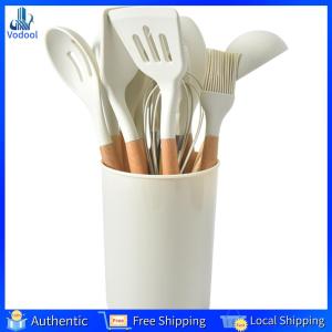 [Vodool Home Mall] 12Pcs Kitchen Utensil Set Silicone Spatula Set Wooden Handle Cooking Tools Kit with Holder Cookware Spatula Spoon Brush Whisk for Kitchen